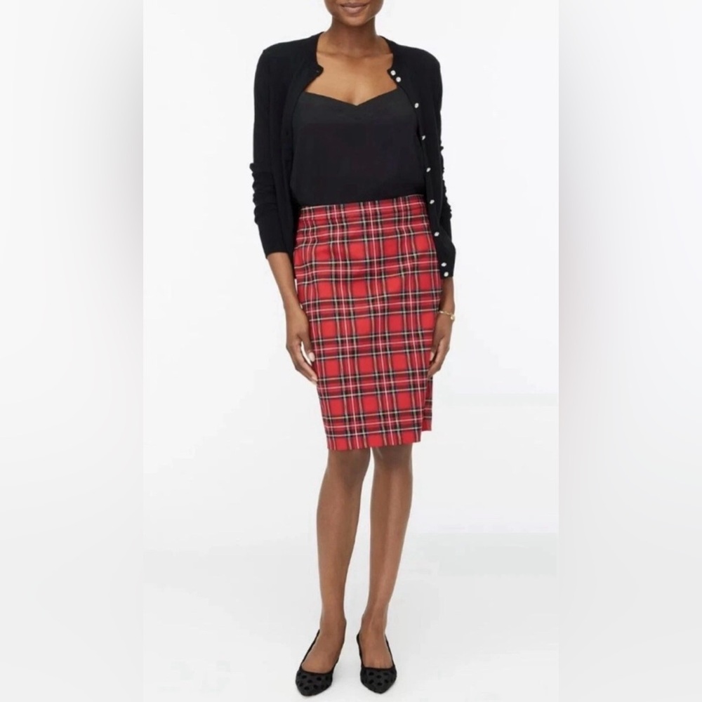 J.CREW Tartan Cotton Red Pencil Skirt Red Plaid Straight Size 12 holiday